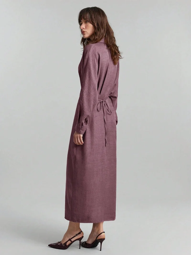 Damen Leinen-Maxikleid mit Hemdkragen, durchgehender Knopfleiste und Fledermausärmeln Nord Taschen