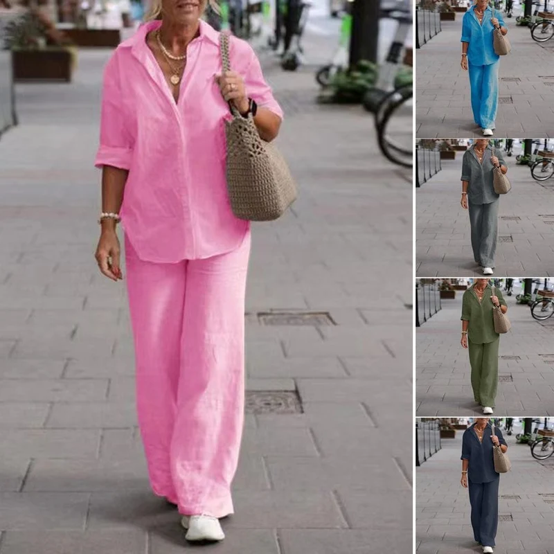 Damen Leichtes Leinen-Loungewear-Set mit offenem Hemdkragen und weiter Palazzohose Nord Taschen
