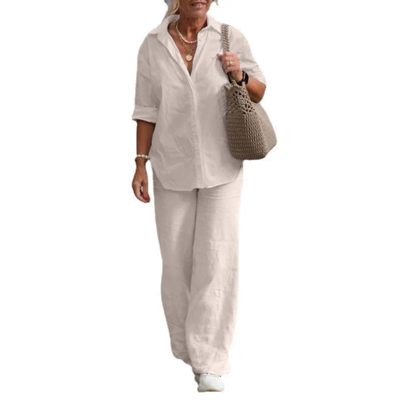 Damen Leichtes Leinen-Loungewear-Set mit offenem Hemdkragen und weiter Palazzohose Nord Taschen