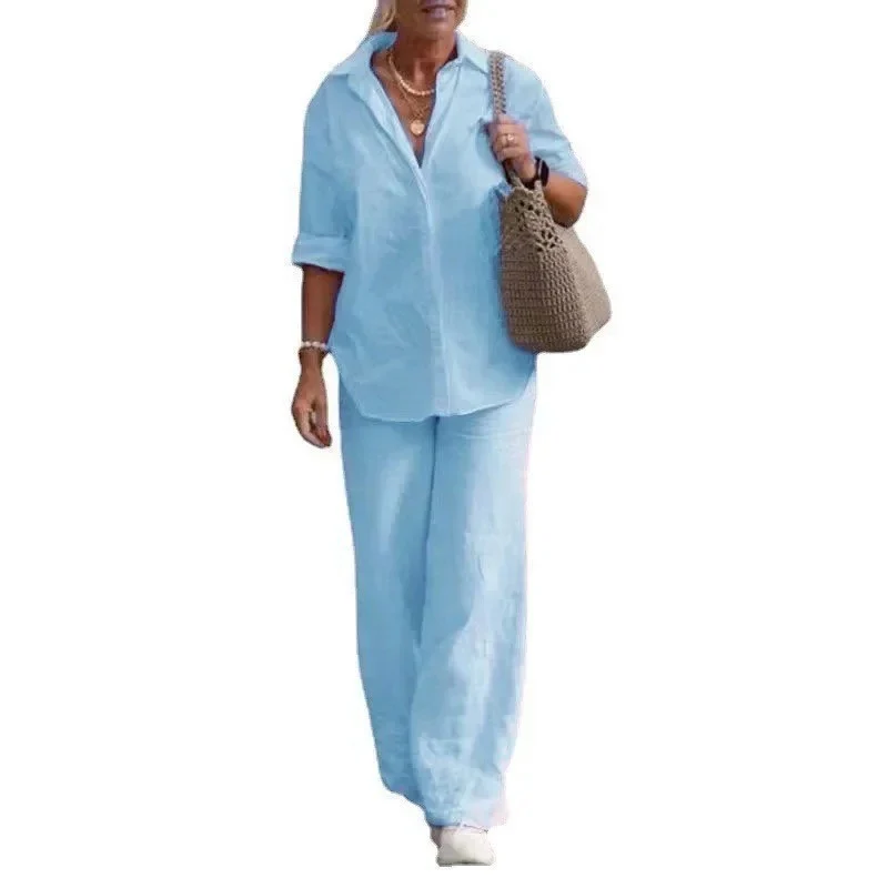 Damen Leichtes Leinen-Loungewear-Set mit offenem Hemdkragen und weiter Palazzohose Nord Taschen