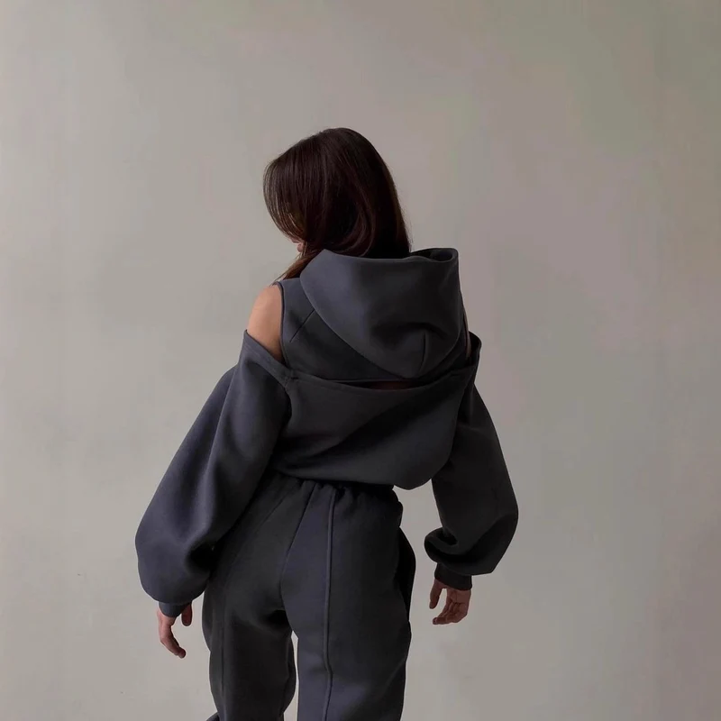 Damen Lässiges zweiteiliges Loungewear-Set mit Schulter-Cutouts und Stehkragen Nord Taschen