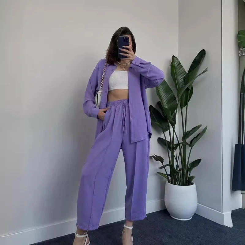 Damen Lässiges zweiteiliges Lounge-Set aus Crêpe mit Oversize-Hemd und hohem Elastikbund Nord Taschen