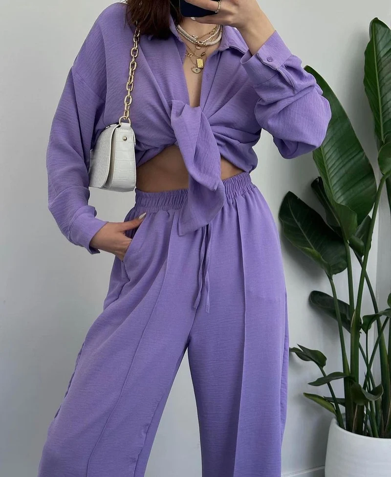 Damen Lässiges zweiteiliges Lounge-Set aus Crêpe mit Oversize-Hemd und hohem Elastikbund Nord Taschen