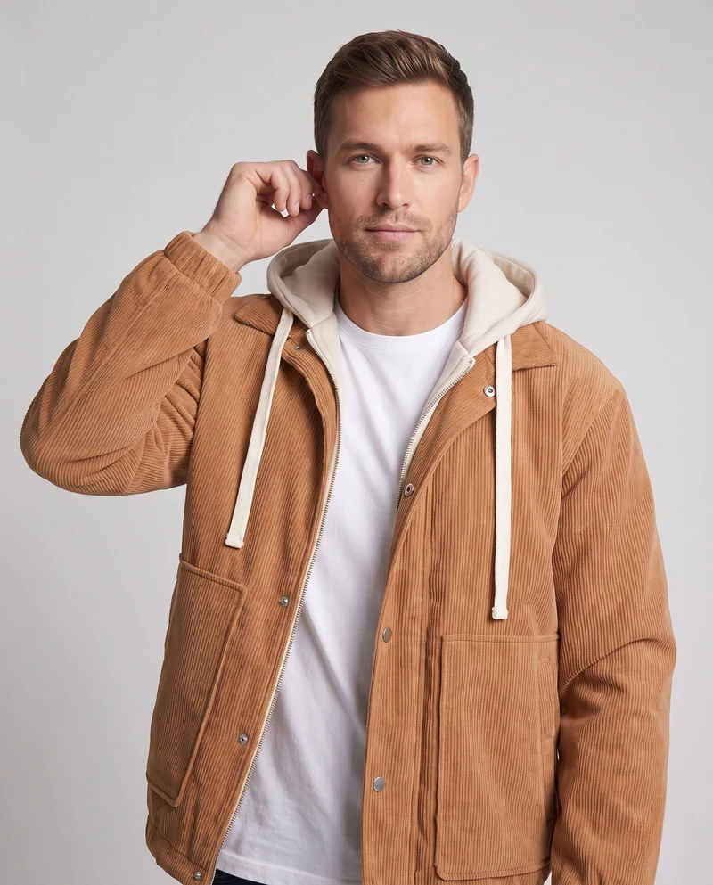 Herren Wattierte Cord-Fieldjacke mit gesteppter Innenlage, Kapuze & Teddyfutter Nord Taschen
