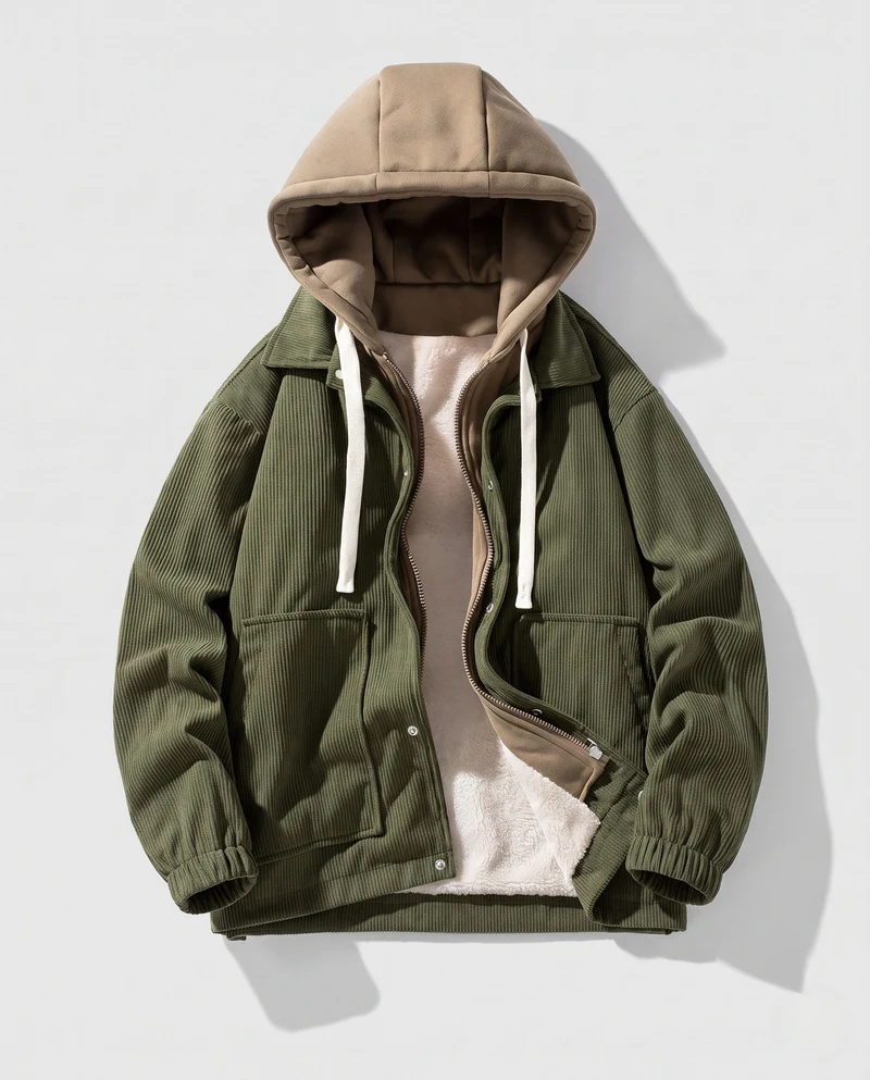 Herren Wattierte Cord-Fieldjacke mit gesteppter Innenlage, Kapuze & Teddyfutter Nord Taschen
