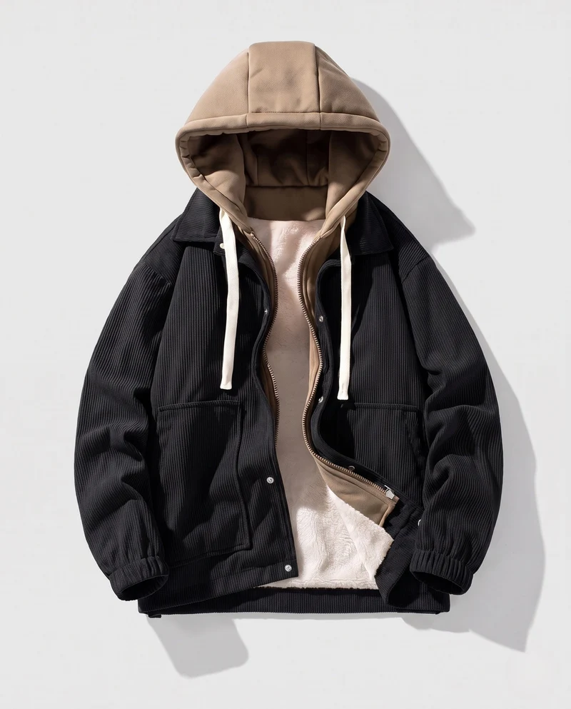Herren Wattierte Cord-Fieldjacke mit gesteppter Innenlage, Kapuze & Teddyfutter Nord Taschen