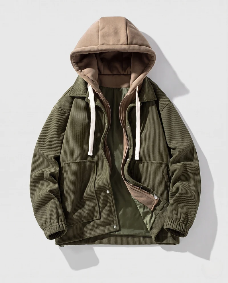 Herren Wattierte Cord-Fieldjacke mit gesteppter Innenlage, Kapuze & Teddyfutter Nord Taschen