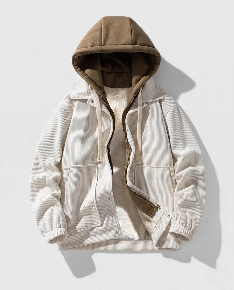 Herren Wattierte Cord-Fieldjacke mit gesteppter Innenlage, Kapuze & Teddyfutter Nord Taschen