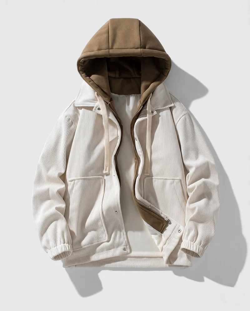 Herren Wattierte Cord-Fieldjacke mit gesteppter Innenlage, Kapuze & Teddyfutter Nord Taschen