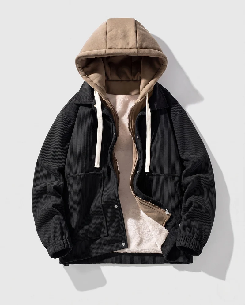 Herren Wattierte Cord-Fieldjacke mit gesteppter Innenlage, Kapuze & Teddyfutter Nord Taschen