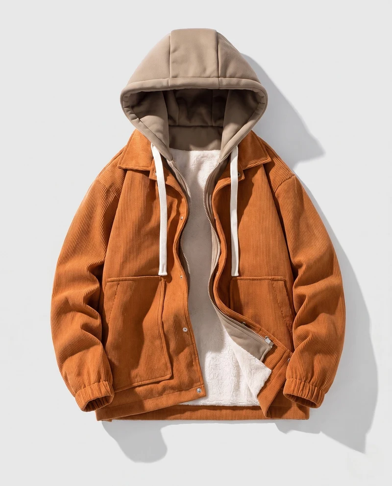 Herren Wattierte Cord-Fieldjacke mit gesteppter Innenlage, Kapuze & Teddyfutter Nord Taschen