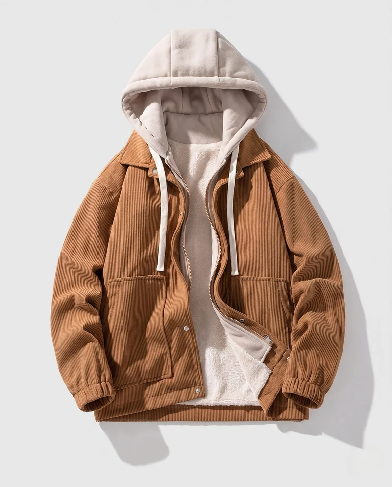 Herren Wattierte Cord-Fieldjacke mit gesteppter Innenlage, Kapuze & Teddyfutter Nord Taschen