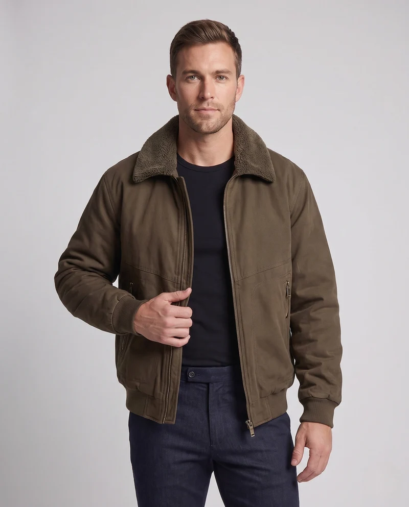 Herren Wattierte Fliegerjacke mit Sherpa-Innenfutter, Reißverschluss & geripptem Saum Nord Taschen