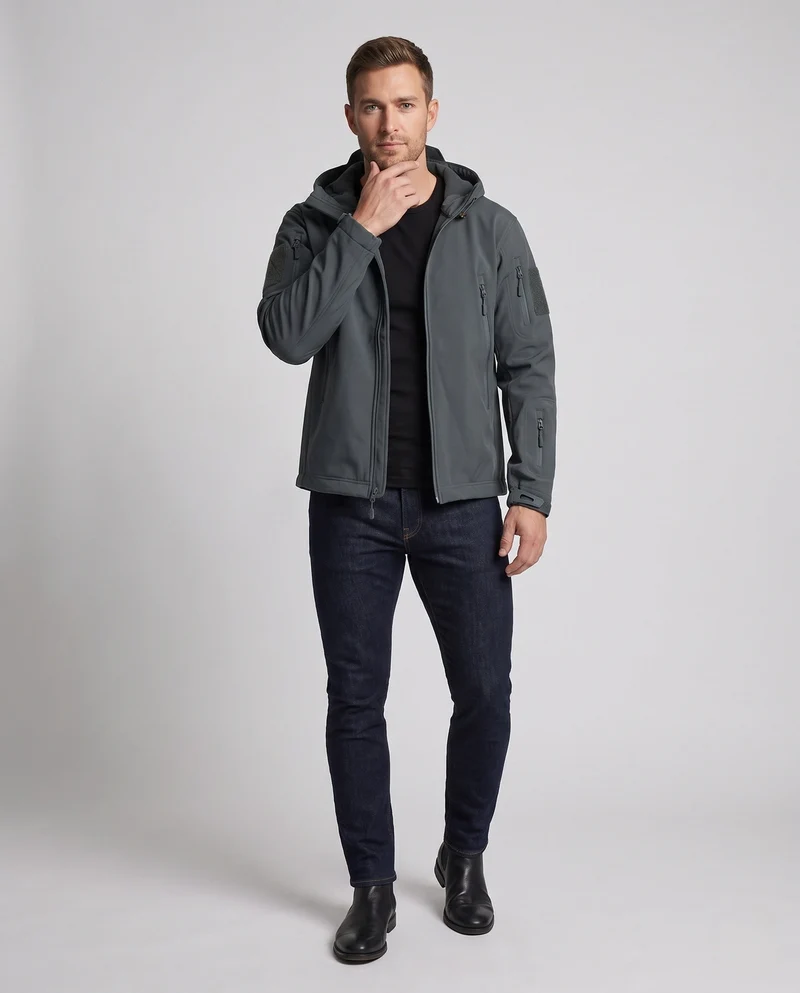 Herren wasserdichte Softshell‑Taktikjacke mit Kapuze und verschweißten Reißverschlüssen Nord Taschen