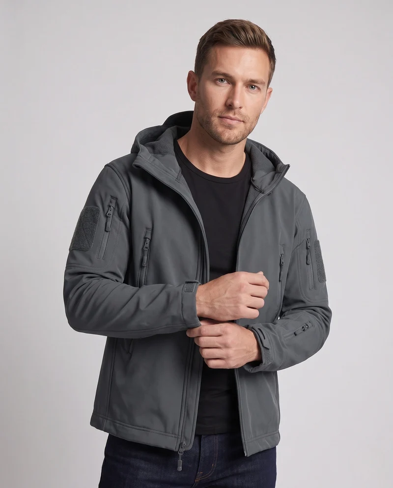 Herren wasserdichte Softshell‑Taktikjacke mit Kapuze und verschweißten Reißverschlüssen Nord Taschen