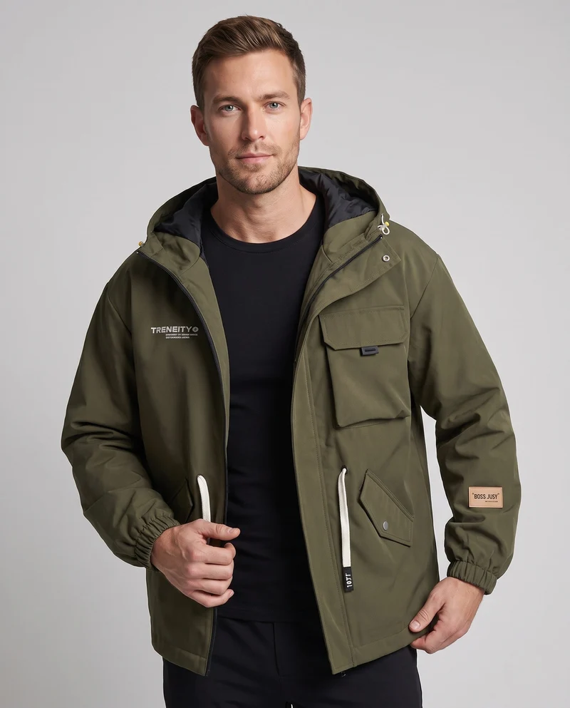 Herren wasserabweisende Utility-Übergangsjacke mit Kapuze, Multitaschen & Kordelzug Nord Taschen