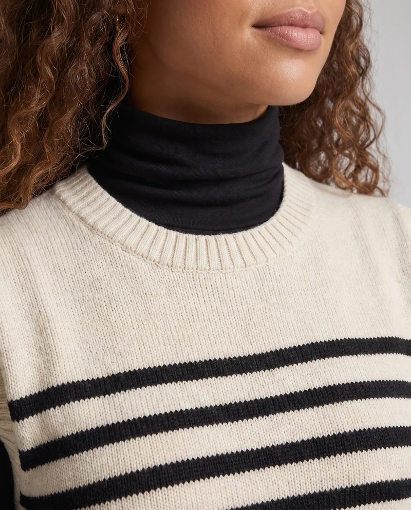 Damen Boxy-Strickpullunder mit maritimem Streifenmuster und feinem Rippkragen Nord Taschen