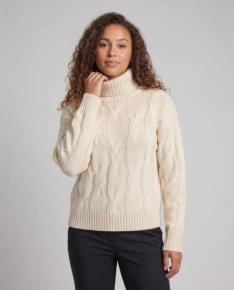 Damen Boxy‑Rollkragenpullover mit markantem Zopfmuster und geripptem Saum Nord Taschen