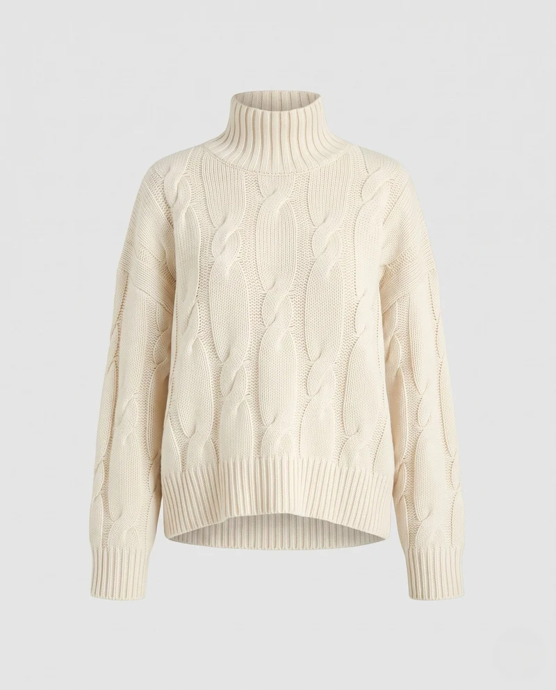 Damen Boxy‑Rollkragenpullover mit markantem Zopfmuster und geripptem Saum Nord Taschen