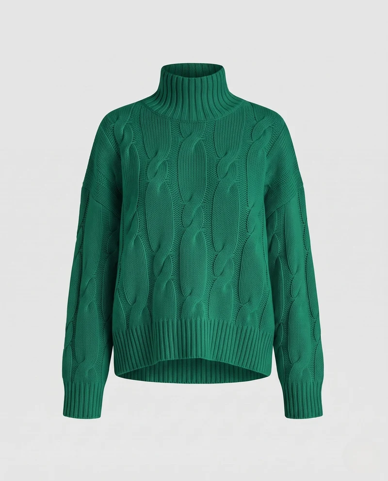 Damen Boxy‑Rollkragenpullover mit markantem Zopfmuster und geripptem Saum Nord Taschen