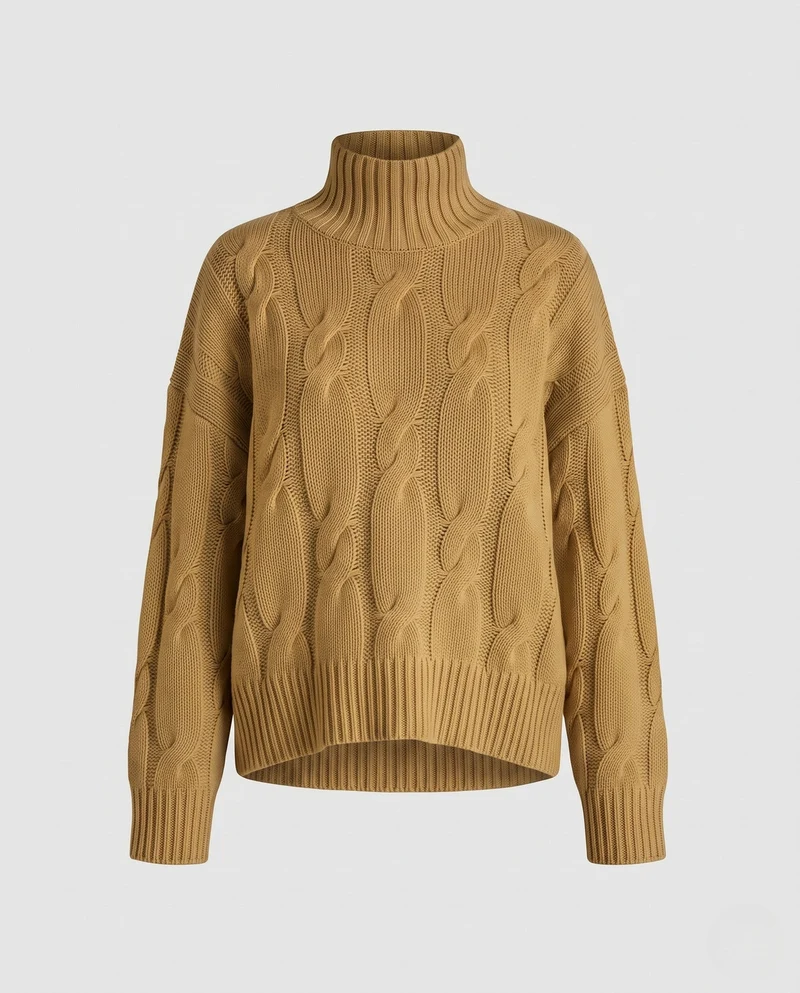 Damen Boxy‑Rollkragenpullover mit markantem Zopfmuster und geripptem Saum Nord Taschen