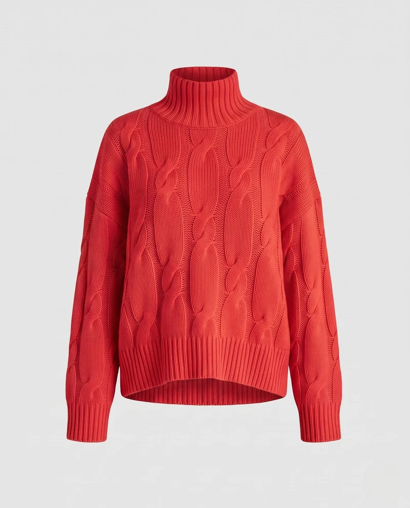 Damen Boxy‑Rollkragenpullover mit markantem Zopfmuster und geripptem Saum Nord Taschen