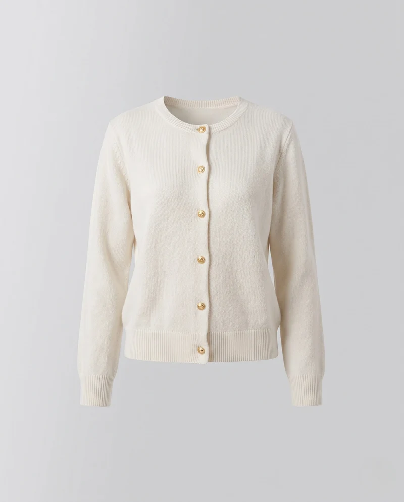 Damen Boxy-Knopfcardigan aus feinem Strick mit goldschimmernden Schmuckknöpfen und gerippten Abschlüssen Nord Taschen