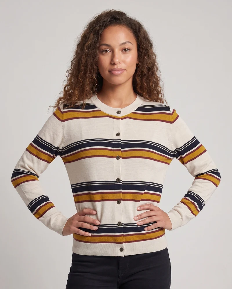 Damen Boxy-Kurzcardigan mit maritimen Streifen und durchgehender Knopfleiste Nord Taschen