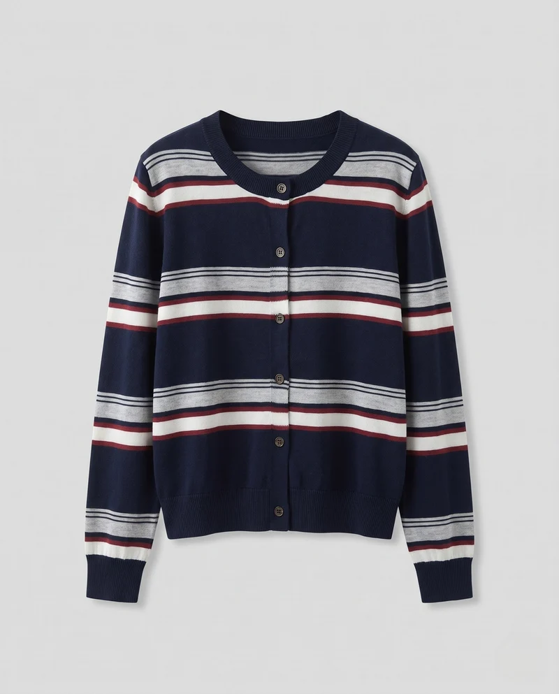 Damen Boxy-Kurzcardigan mit maritimen Streifen und durchgehender Knopfleiste Nord Taschen