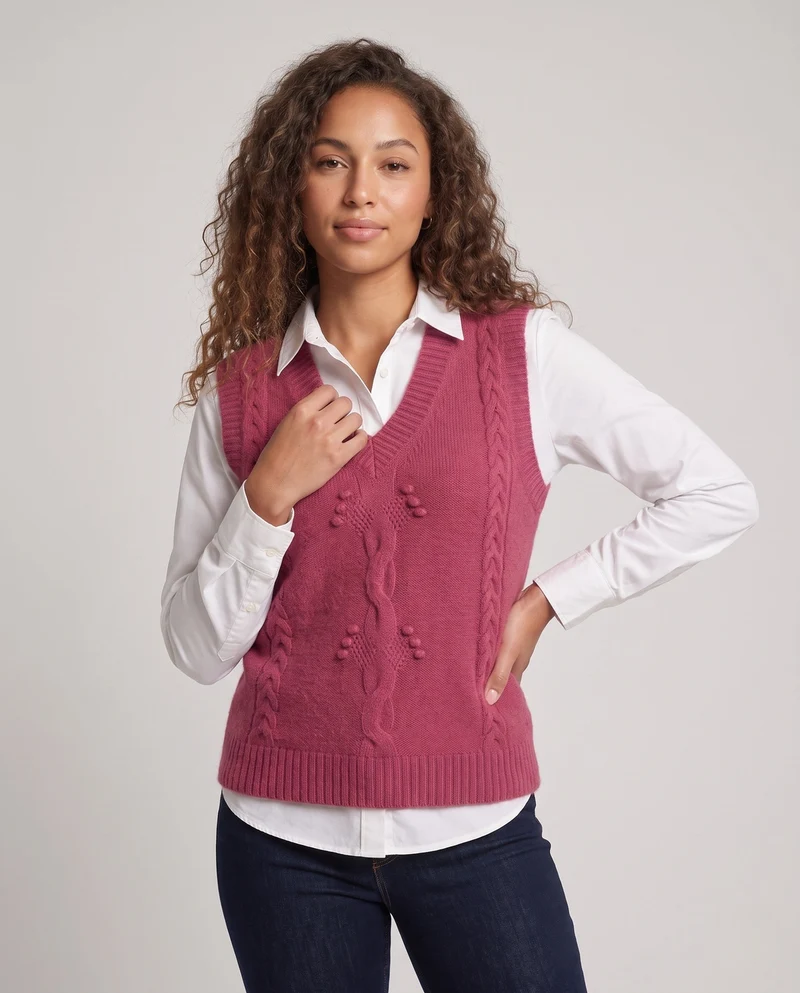 Damen Ärmelloser Strickpullunder mit V-Ausschnitt und Zopfmuster aus weichem Mohair-Mix Nord Taschen