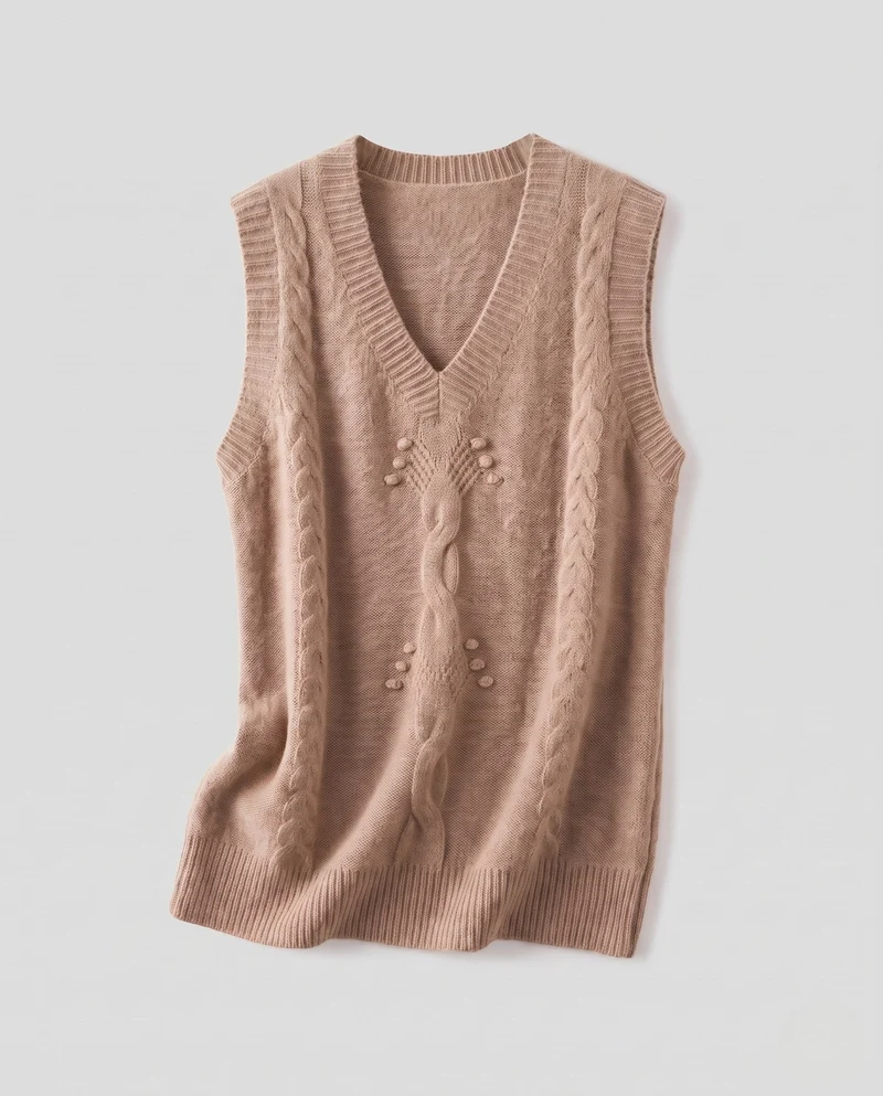 Damen Ärmelloser Strickpullunder mit V-Ausschnitt und Zopfmuster aus weichem Mohair-Mix Nord Taschen
