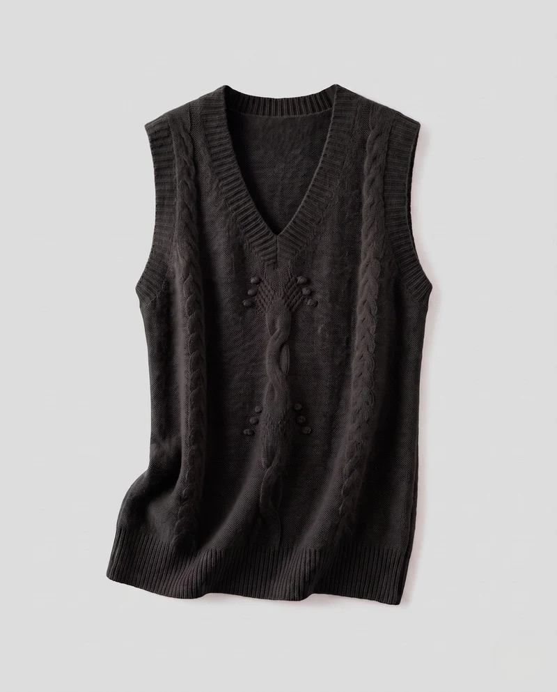Damen Ärmelloser Strickpullunder mit V-Ausschnitt und Zopfmuster aus weichem Mohair-Mix Nord Taschen