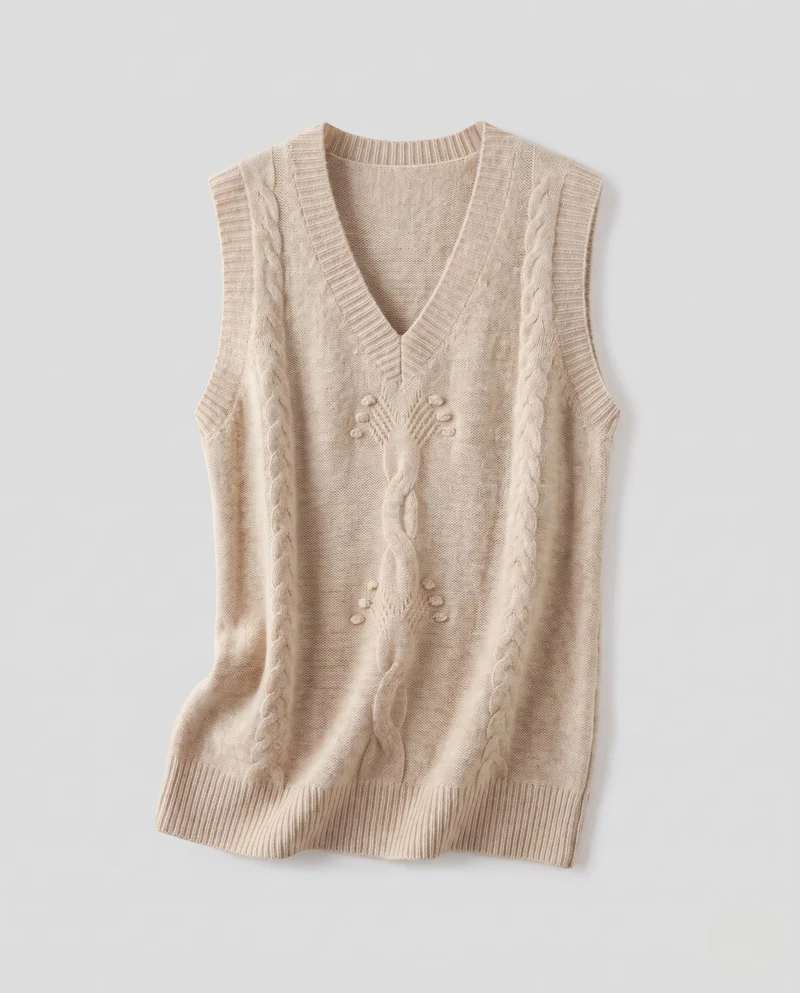 Damen Ärmelloser Strickpullunder mit V-Ausschnitt und Zopfmuster aus weichem Mohair-Mix Nord Taschen