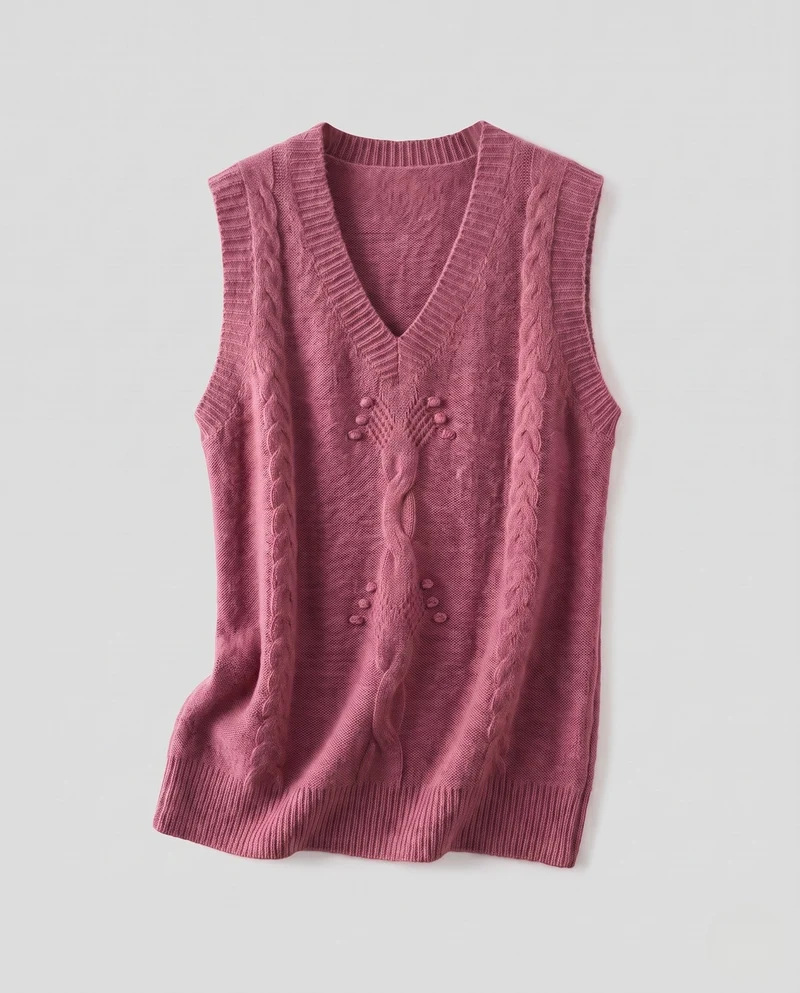 Damen Ärmelloser Strickpullunder mit V-Ausschnitt und Zopfmuster aus weichem Mohair-Mix Nord Taschen