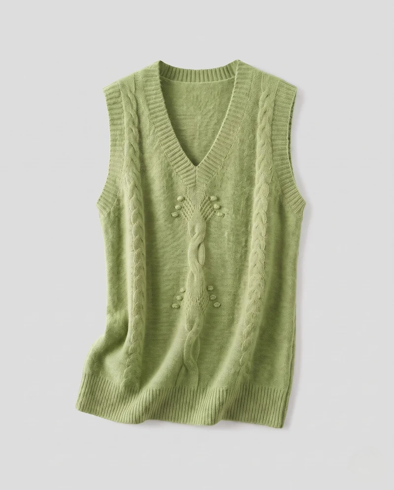 Damen Ärmelloser Strickpullunder mit V-Ausschnitt und Zopfmuster aus weichem Mohair-Mix Nord Taschen