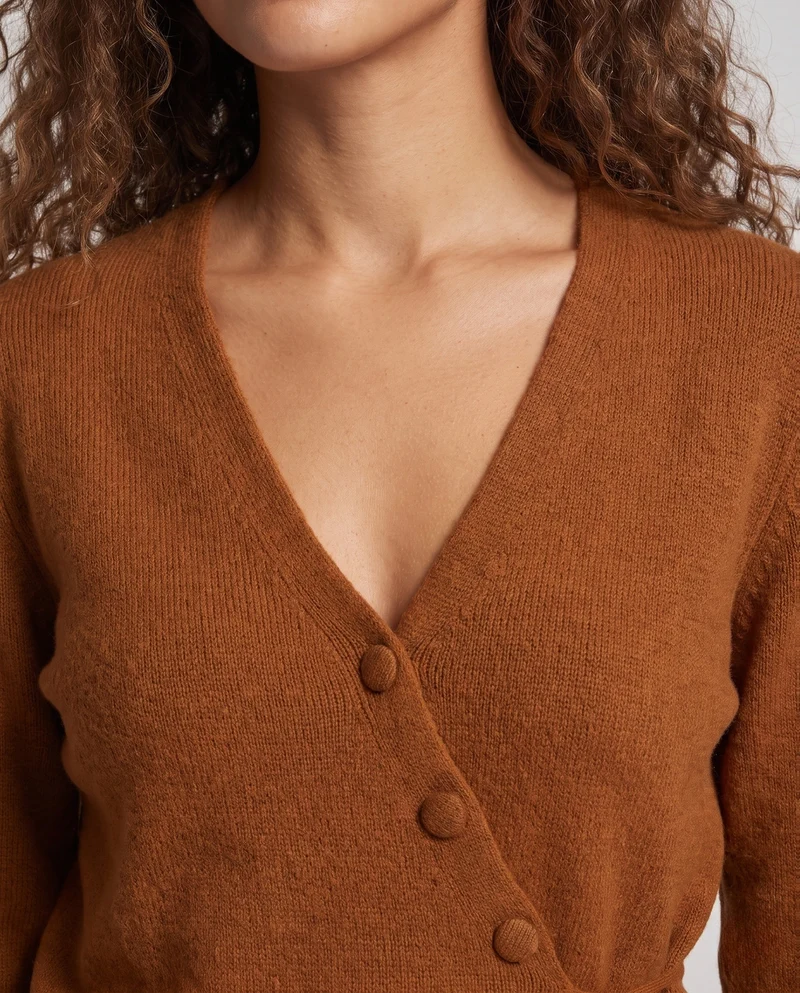 Damen Asymmetrische Wickel‑Strickjacke mit V‑Ausschnitt und seitlicher Kordelbindung Nord Taschen