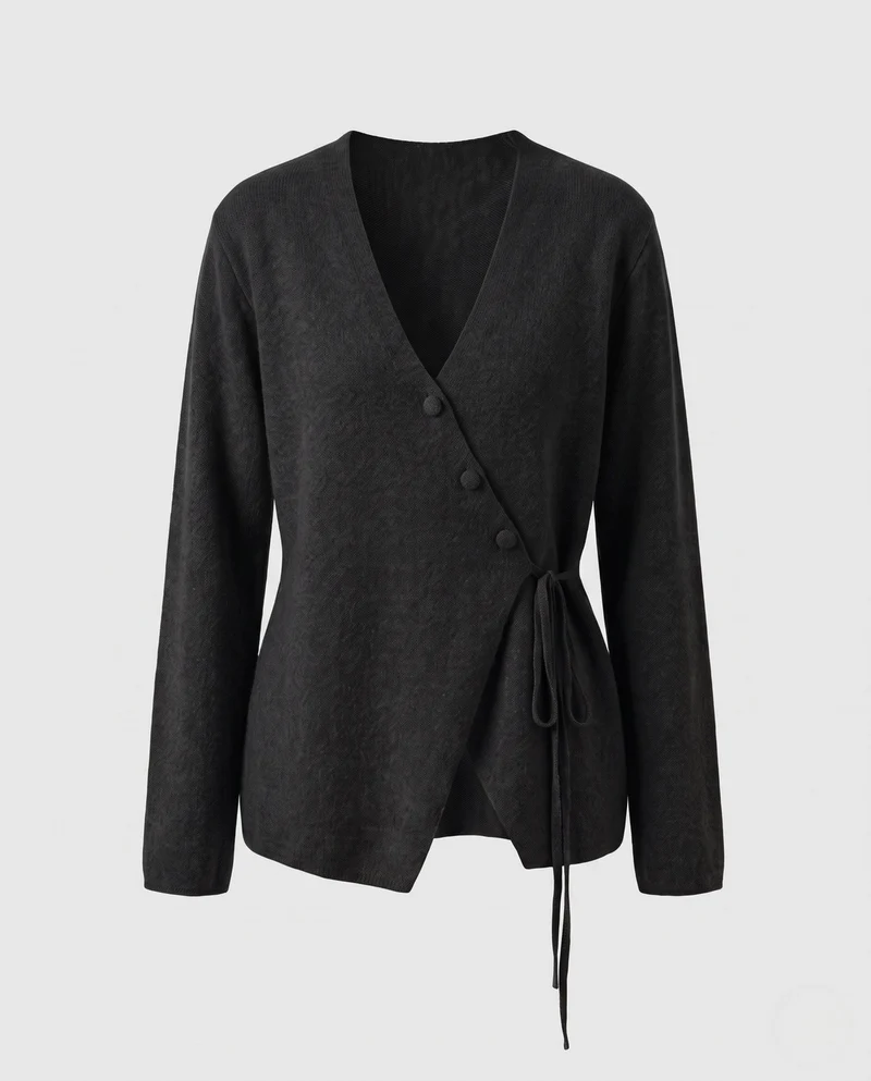 Damen Asymmetrische Wickel‑Strickjacke mit V‑Ausschnitt und seitlicher Kordelbindung Nord Taschen