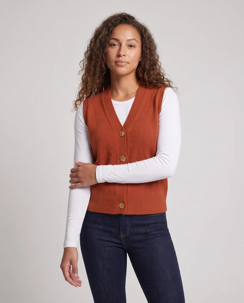 Damen Ärmellose Wollmix-Strickweste mit V‑Ausschnitt und Knopfleiste Nord Taschen