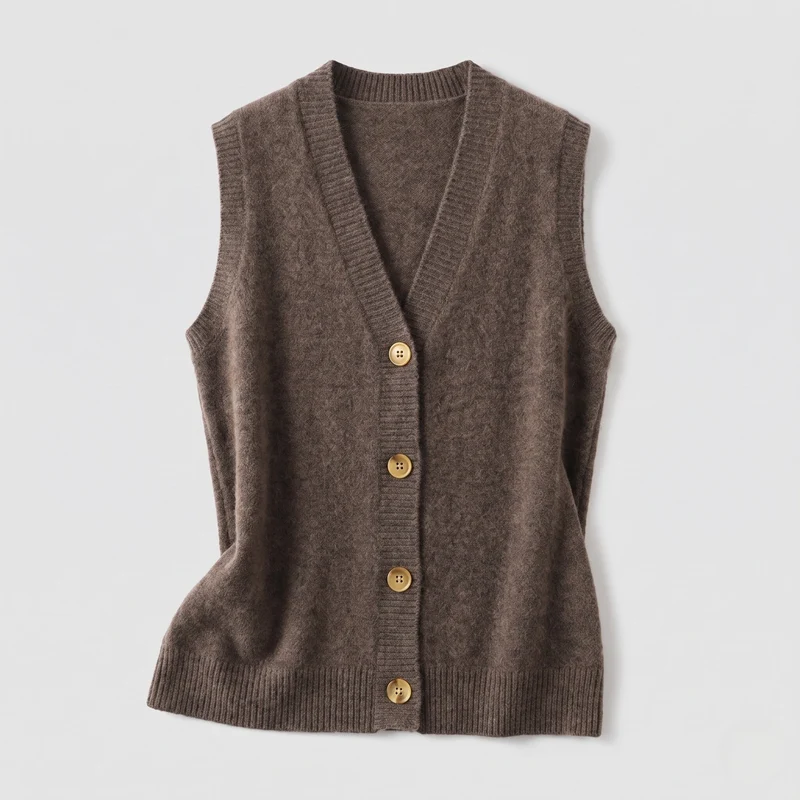 Damen Ärmellose Wollmix-Strickweste mit V‑Ausschnitt und Knopfleiste Nord Taschen