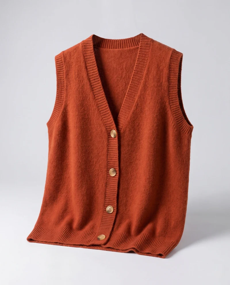 Damen Ärmellose Wollmix-Strickweste mit V‑Ausschnitt und Knopfleiste Nord Taschen