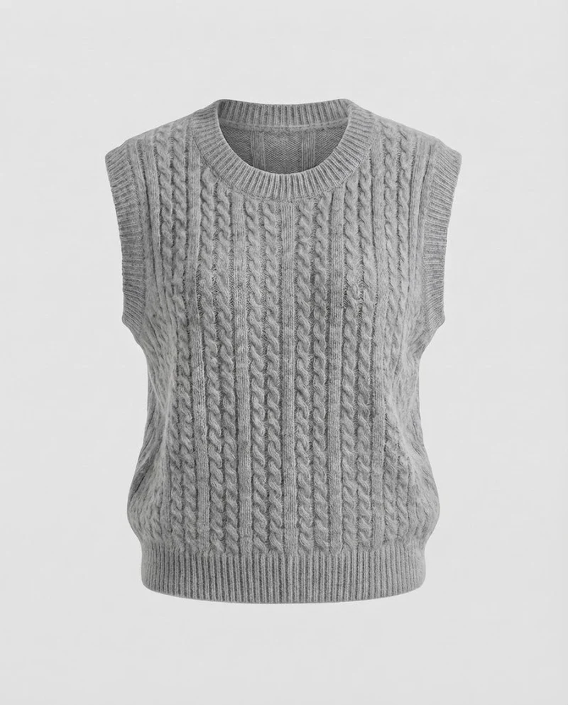 Damen Ärmellose Zopfstrick‑Weste im Mohair‑Look mit rundem Ausschnitt Nord Taschen
