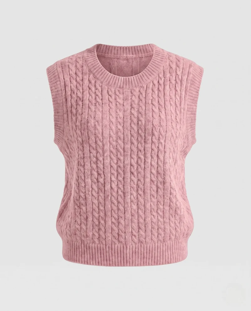 Damen Ärmellose Zopfstrick‑Weste im Mohair‑Look mit rundem Ausschnitt Nord Taschen