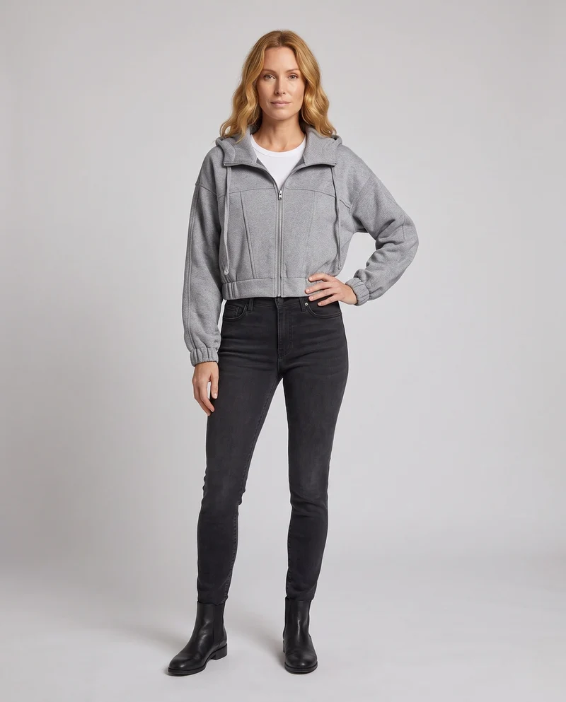 Damen Cropped Sweat-Kapuzenjacke mit elastischem Bund und Oversized-Ärmeln Nord Taschen