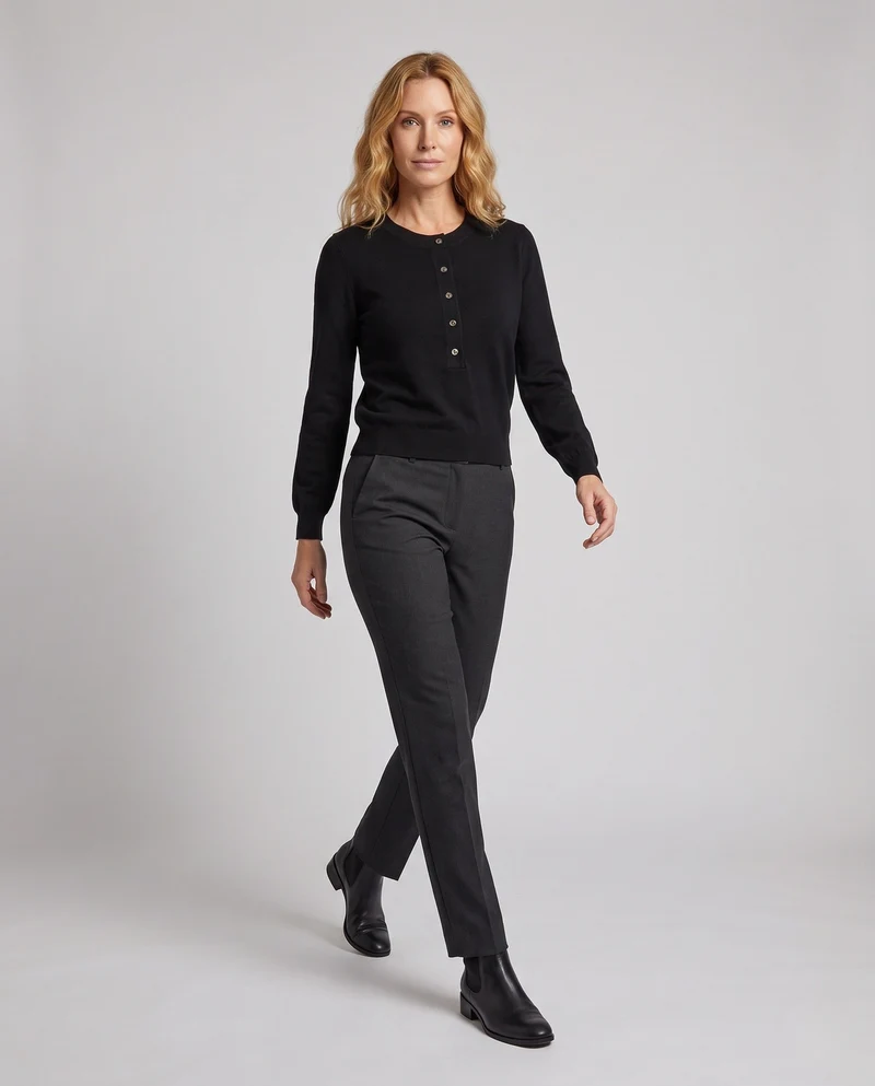 Damen Feinstrickpullover mit Henley‑Knopfleiste und Rippbündchen Nord Taschen