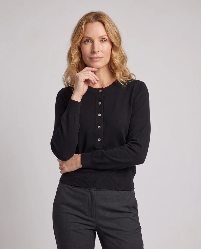 Damen Feinstrickpullover mit Henley‑Knopfleiste und Rippbündchen Nord Taschen