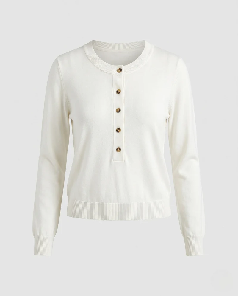 Damen Feinstrickpullover mit Henley‑Knopfleiste und Rippbündchen Nord Taschen