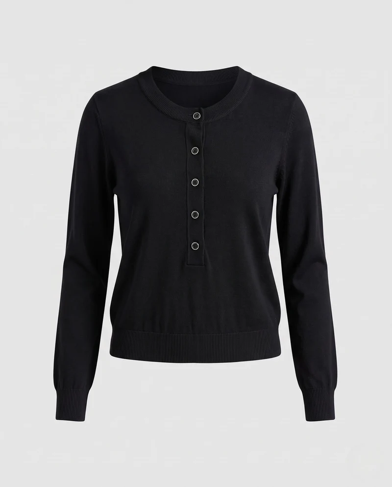 Damen Feinstrickpullover mit Henley‑Knopfleiste und Rippbündchen Nord Taschen