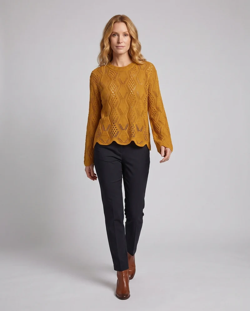 Damen Feinstrickpullover mit Ajourmuster, Rundhalsausschnitt und geschwungener Saum Nord Taschen
