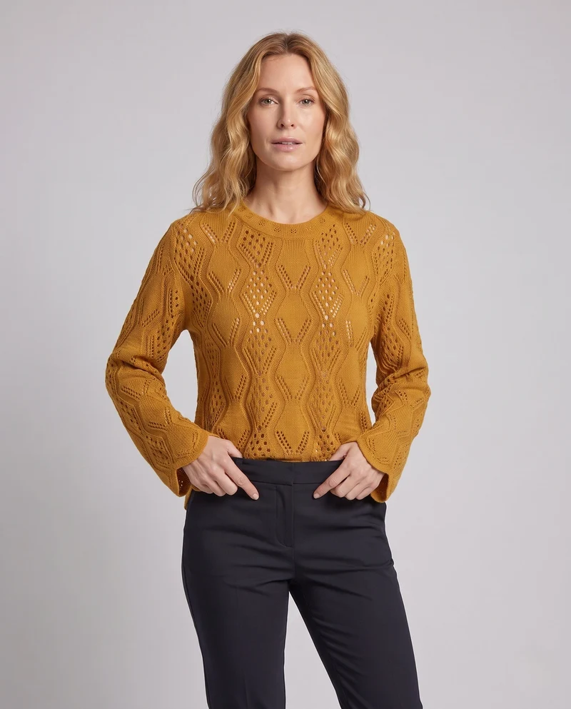 Damen Feinstrickpullover mit Ajourmuster, Rundhalsausschnitt und geschwungener Saum Nord Taschen