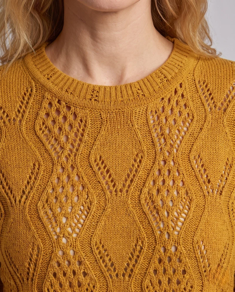 Damen Feinstrickpullover mit Ajourmuster, Rundhalsausschnitt und geschwungener Saum Nord Taschen